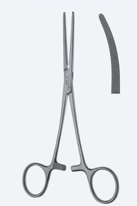 Зажими гемостатичні Rochester-Pean, вигнуті, зубчасті щелепи, з кремальєрою, загальна довжина 200 мм. Бренд - Asanus Medizintechnik Gmb, Німеччина